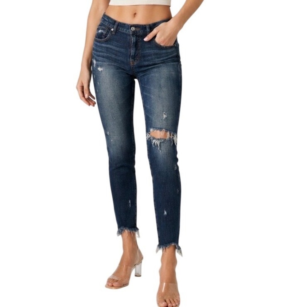 Moussy‎ Vintage Women Blue Distressed Jeans 27 Frayed Stepped Hem D10BAC12-2700